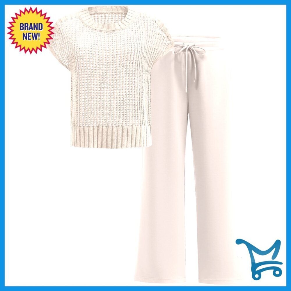 Crochet Sheer Knit Sweater Top Wide Leg Pants Lounge Matching Set Y2K